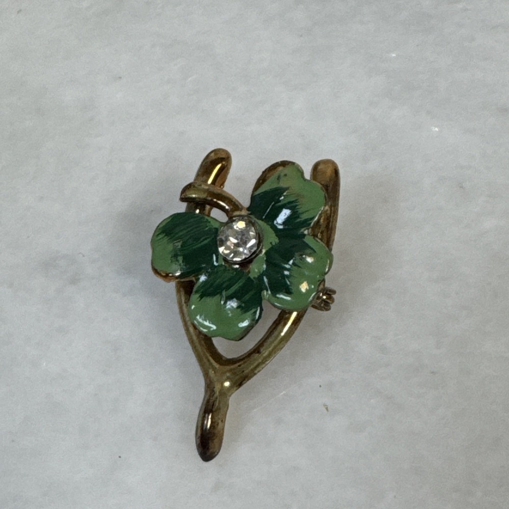 Green Enamel Clear Rhinestone Four Leaf Clover Wish Bone Luck Brooch Vintage